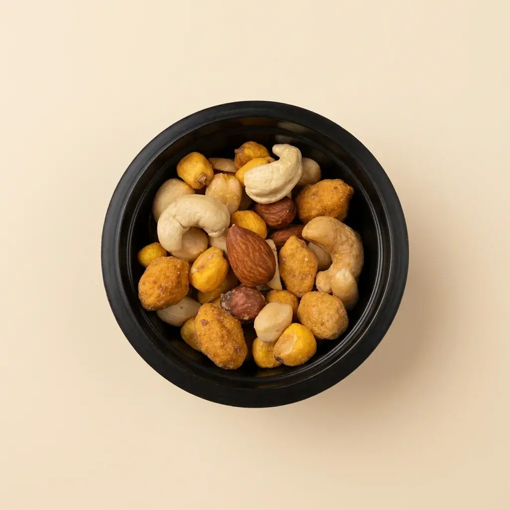 The Premium – Nuss-Mix mit Cashews, Mandeln und Krokant in der offenen Schale von oben