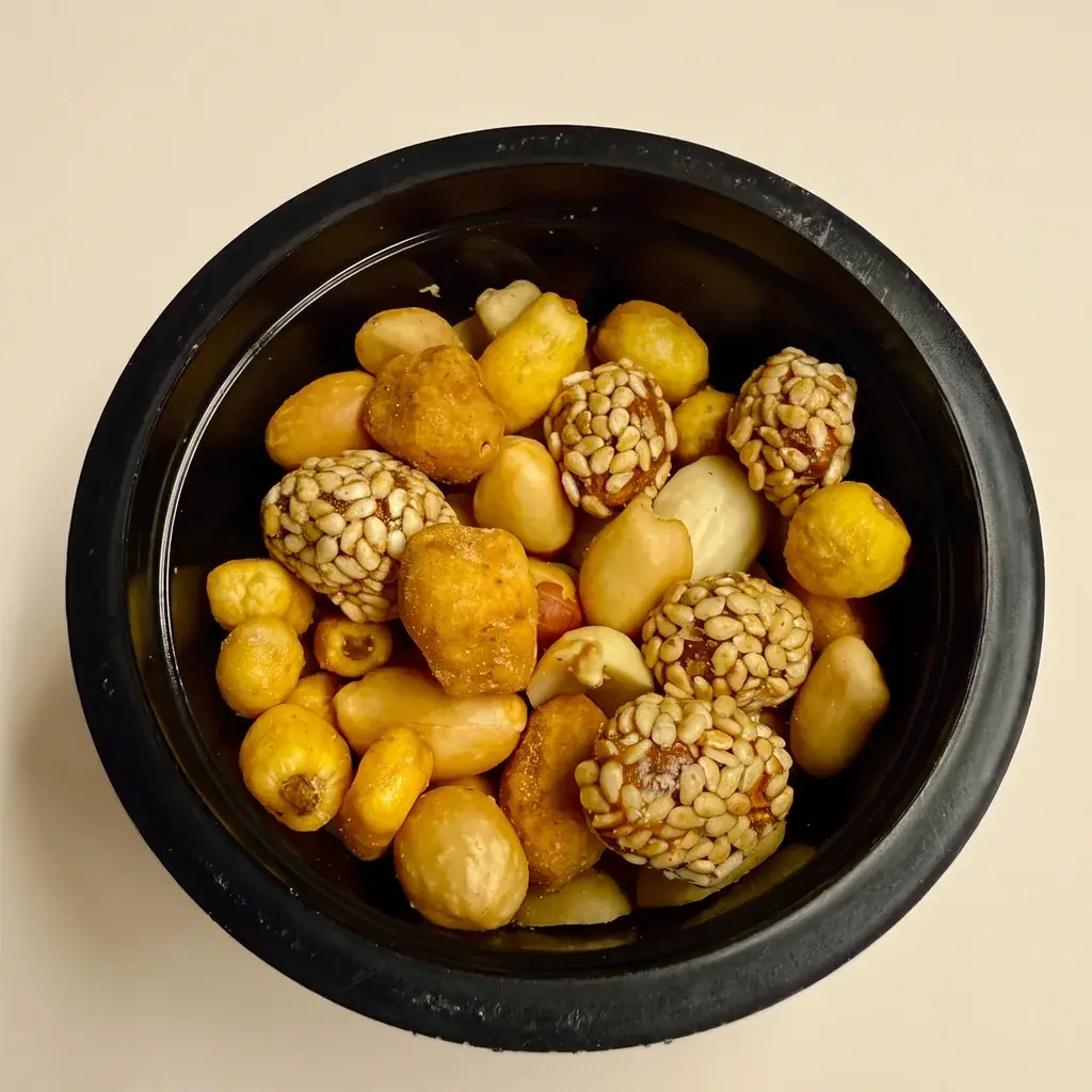 The Sweet – Nuss-Mix mit Sesam-Erdnüssen in der offenen Schale von oben